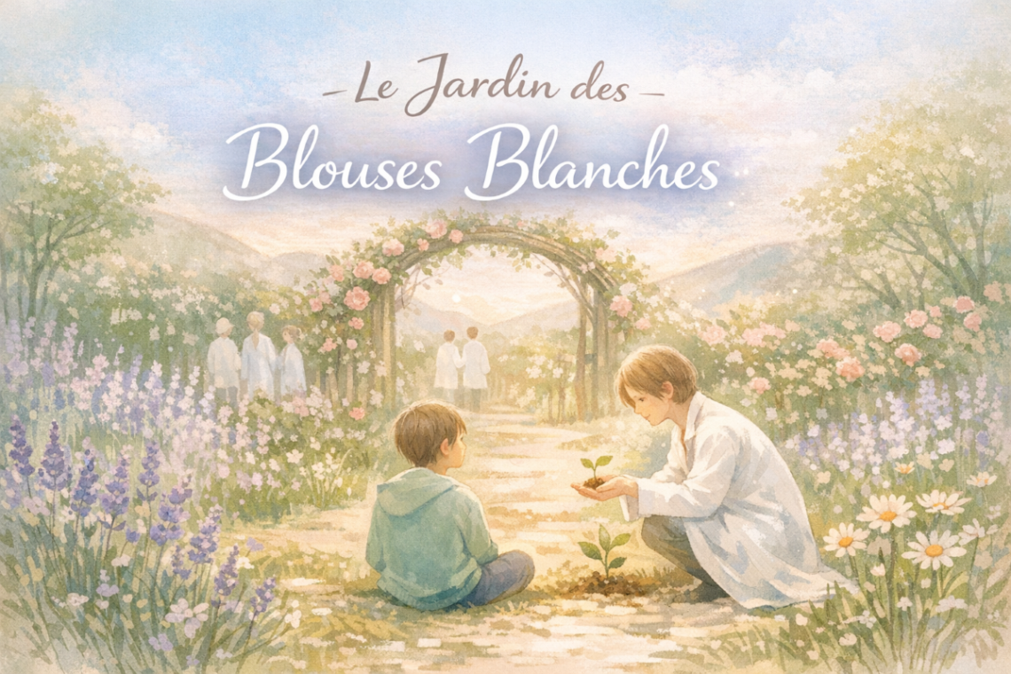 illustration pastel d’un sophro‑conte intitulé « Le Jardin des Blouses Blanches » : un enfant assis face à une figure bienveillante en blouse blanche lui tendant une jeune pousse, dans un jardin fleuri et lumineux.
