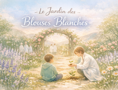 illustration pastel d’un sophro‑conte intitulé « Le Jardin des Blouses Blanches » : un enfant assis face à une figure bienveillante en blouse blanche lui tendant une jeune pousse, dans un jardin fleuri et lumineux.