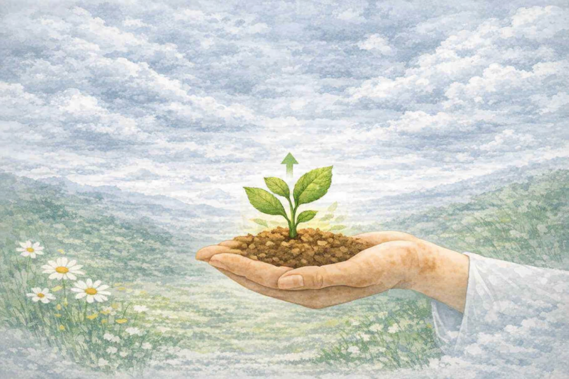 Illustration aquarelle d’une main ouverte accueillant une petite pousse verte — symbole de croissance intérieure et de sérénité. Rituel apaisant « La Petite Feuille du Cœur