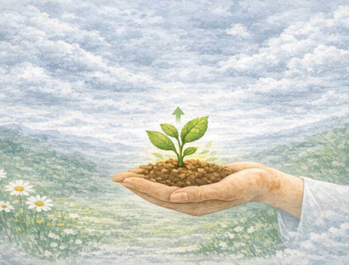 Illustration aquarelle d’une main ouverte accueillant une petite pousse verte — symbole de croissance intérieure et de sérénité. Rituel apaisant « La Petite Feuille du Cœur