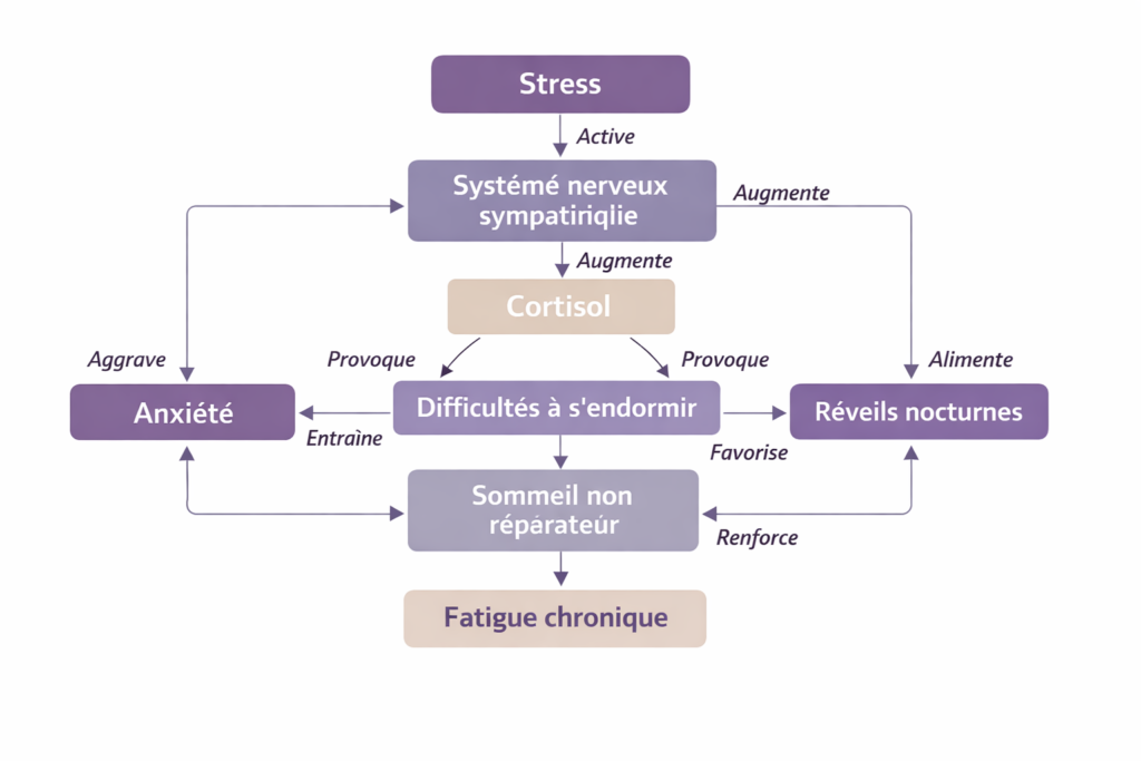 Le cycle du stress et du sommeil au travail
Ce schéma illustre comment le stress active le système nerveux, augmente le cortisol et perturbe le sommeil. Un cercle vicieux s’installe : fatigue, anxiété et réveils nocturnes entretiennent le stress, fragilisant l’équilibre professionnel et personnel.